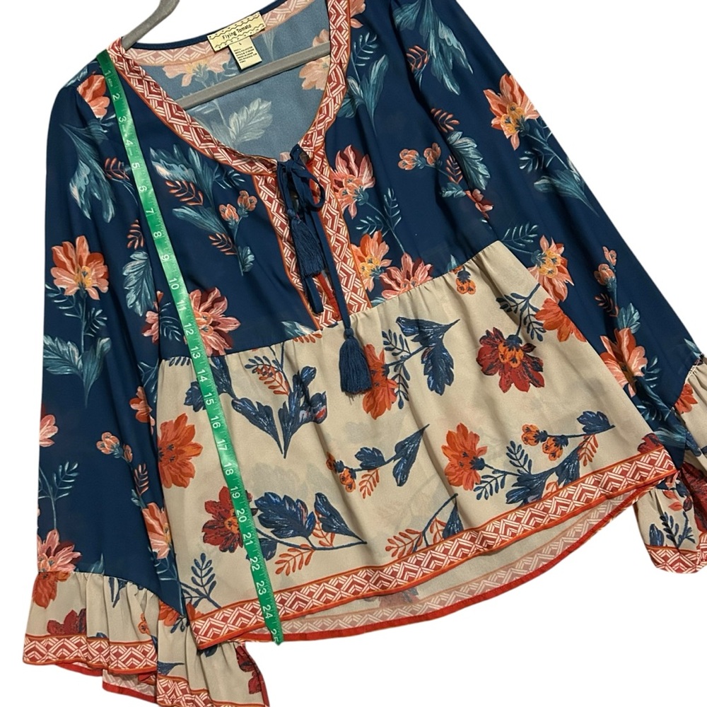 •CCO SALE• FLYING TOMATO Boho Floral Print Colorblock Bell Sleeve Lace Up Top L - Picture 10 of 13